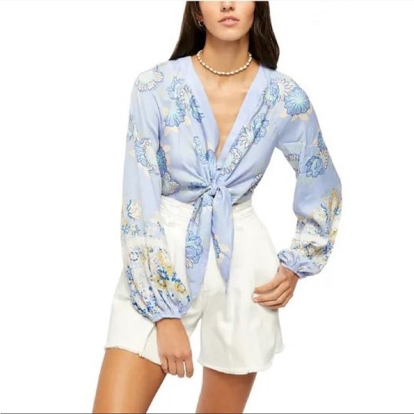 FREE PEOPLE Run Free Blouse Periwinkle Ruffle Floral Long Sleeve Sz S - Picture 1 of 12